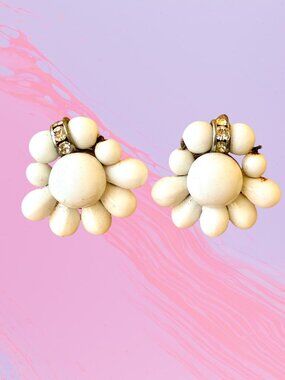 White Milk Glass Flower Earrings Bead + Rhinestones Screw Back West Germany Vtg